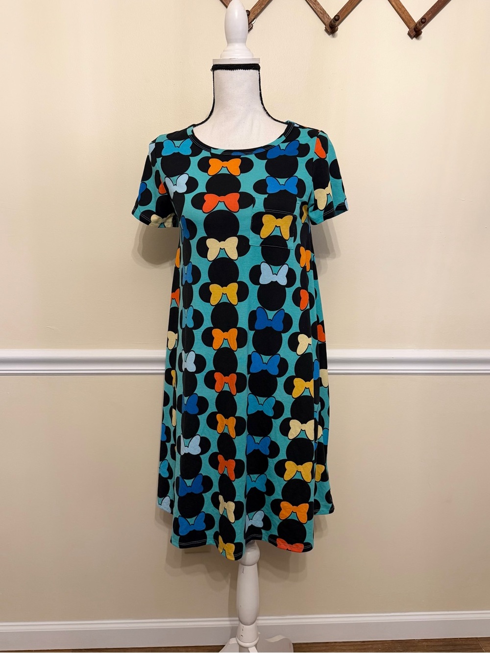Lularoe Minnie Mouse Short Sleeve Dress Bows XXS Oversized Blue Whimsy Character